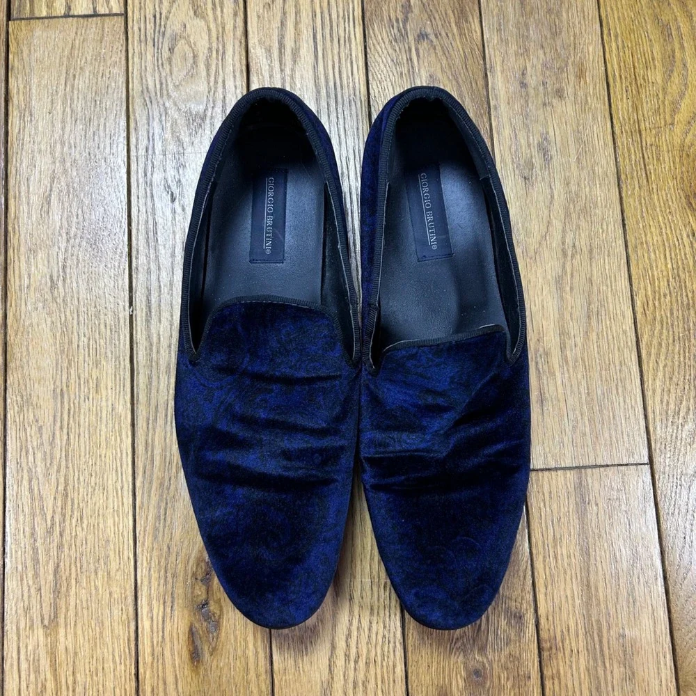 Giorgio Brutini Mens 12 Navy Blue Velvet‎ Paisley Smoking Loafers 176363